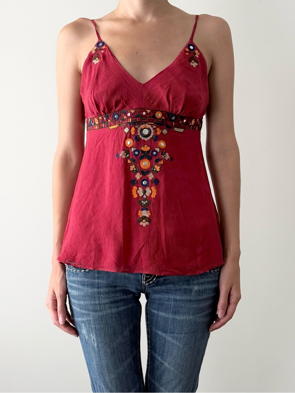 Y2K BCBGMAXARZIA 100% silk red embroidered camisole